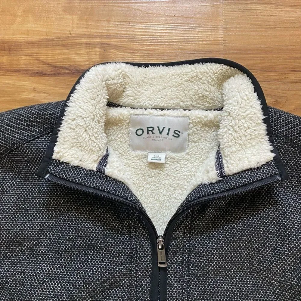 ORVIS Men L Black 1/4 Zip Sherpa Fleece Lined Pullover Sweater Outdoor Warm Hike